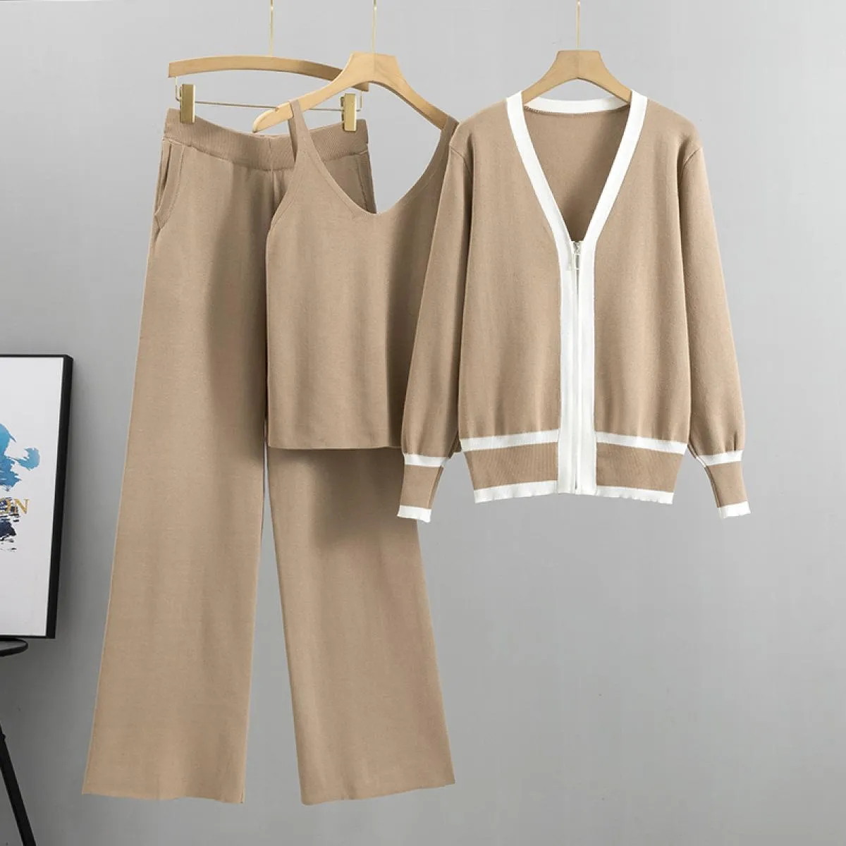 2023 New Fashion 3 pezzi Set gilet da donna + cardigan con cerniera a maniche lunghe + pantaloni in vita elastica tuta da donna