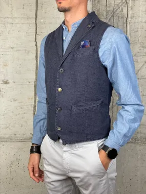Bob Gilet con Rever Cotone Lino Blu Indaco