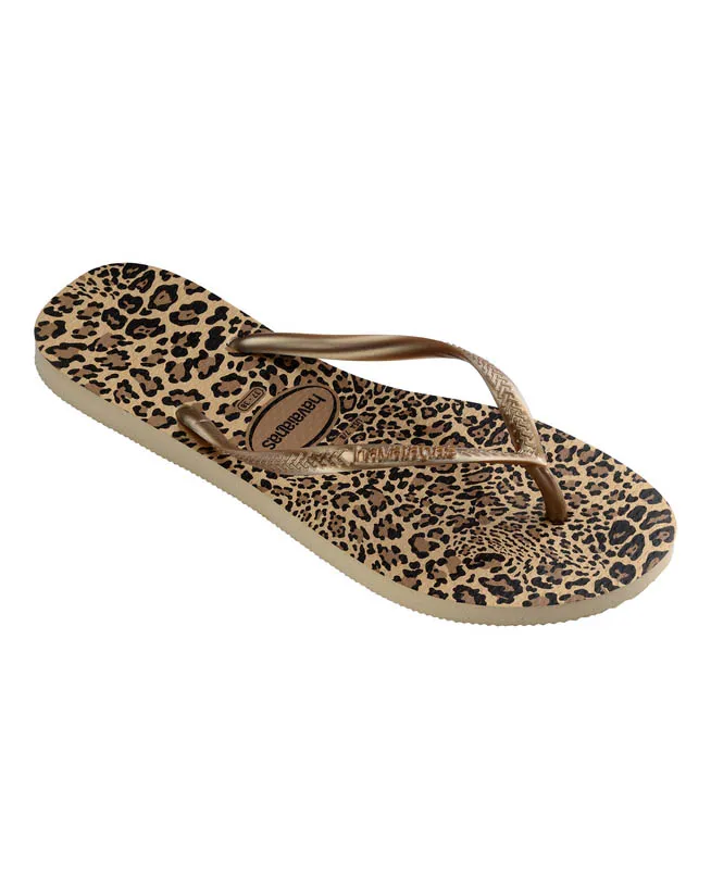 Havaianas Slim Animals con suola a stampa leopardata nero e oro con fascette bronzo