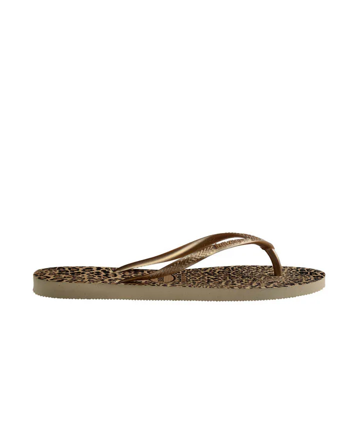 Havaianas Slim Animals con suola a stampa leopardata nero e oro con fascette bronzo